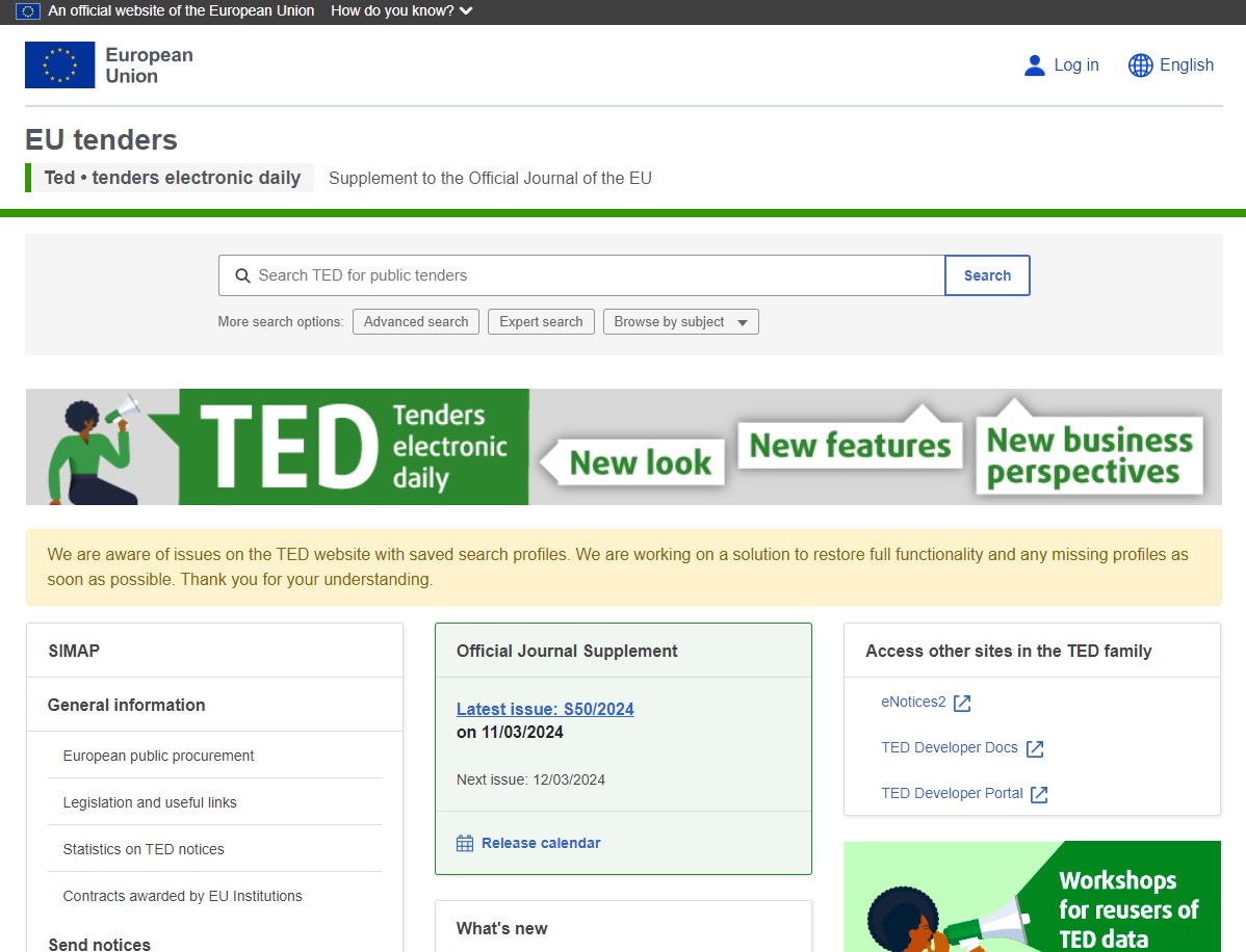 Screenshot of TED database homepage