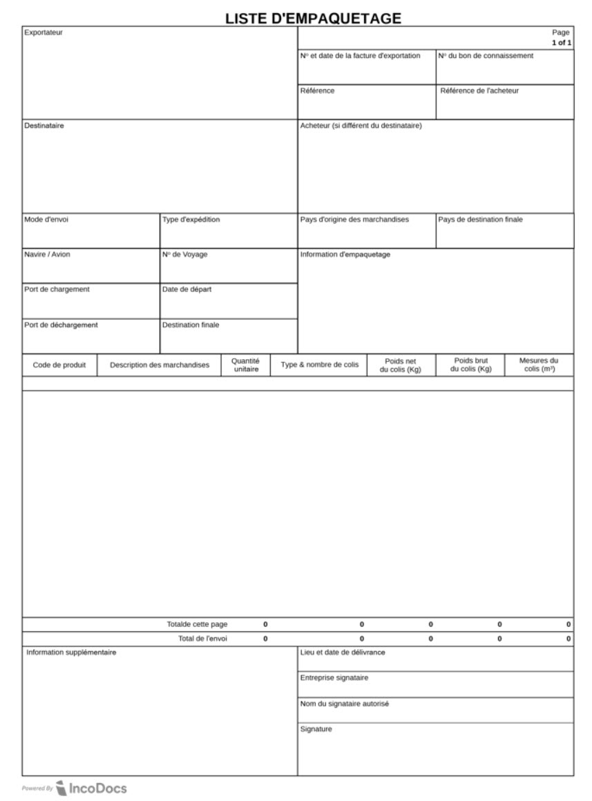 Title: Packing list - Description: Template of a packing list form. Categories of the form include: exporter, invoice number & date, bill of lading number, reference, buyer reference, consignee, buyer (if not consignee), method of dispatch, type of shipment, country of origin of goods, country of final destination, vessel/aircraft, voyage no., packing information, port of loading, date of departure, port of discharge, final destination, product code, description of goods, unit quantity, kind & number of packages, net weight of package (Kg), gross weight of package (Kg), measurements of package (m3), total this page, consignment total, place and date of issue, signatory company, name of authorized signatory, signature and additional information. 